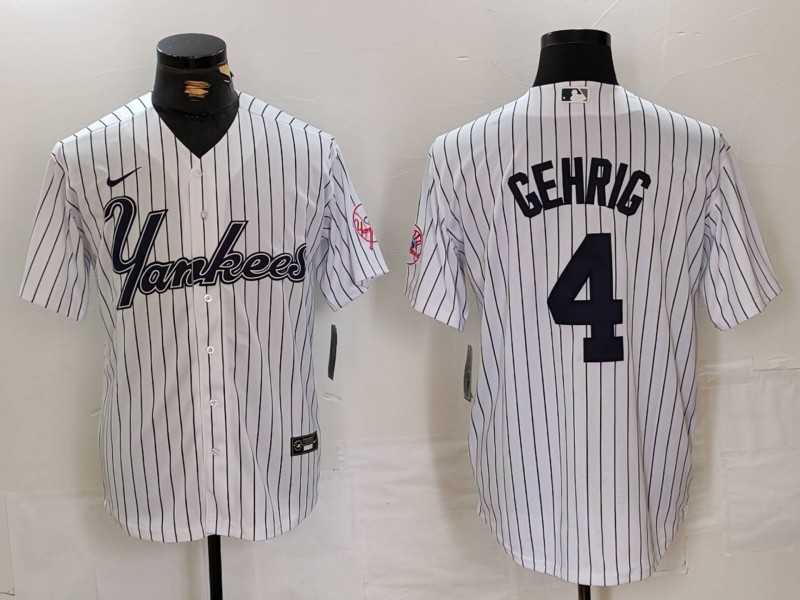 Mens New York Yankees #4 Lou Gehrig White Pinstripe Fashion Cool Base Jersey